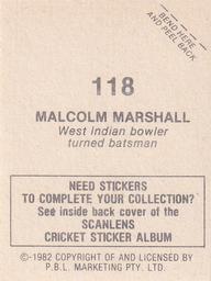 1982 Scanlens Cricket Stickers #118 Malcolm Marshall Back