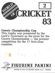 1983 Panini World Of Cricket Stickers #2 The County Championship Back