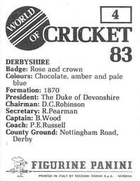 1983 Panini World Of Cricket Stickers #4 Derbyshire Back