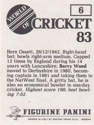 1983 Panini World Of Cricket Stickers #6 Barry Wood Back