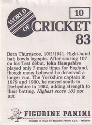 1983 Panini World Of Cricket Stickers #10 John Hampshire Back