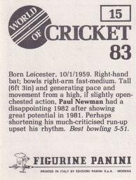 1983 Panini World Of Cricket Stickers #15 Paul Newman Back