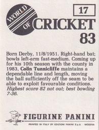 1983 Panini World Of Cricket Stickers #17 Colin Tunnicliffe Back