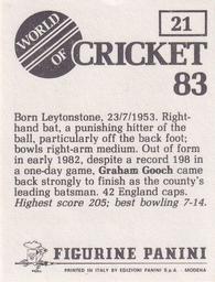 1983 Panini World Of Cricket Stickers #21 Graham Gooch Back