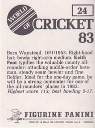 1983 Panini World Of Cricket Stickers #24 Keith Pont Back