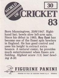 1983 Panini World Of Cricket Stickers #30 Ray East Back