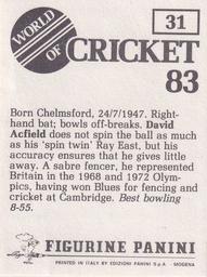 1983 Panini World Of Cricket Stickers #31 David Acfield Back