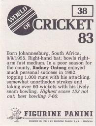 1983 Panini World Of Cricket Stickers #38 Rodney Ontong Back