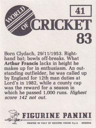 1983 Panini World Of Cricket Stickers #41 Arthur Francis Back