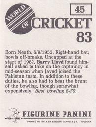 1983 Panini World Of Cricket Stickers #45 Barry Lloyd Back