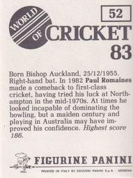 1983 Panini World Of Cricket Stickers #52 Paul Romaines Back