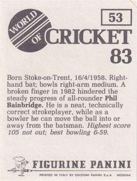1983 Panini World Of Cricket Stickers #53 Phil Bainbridge Back