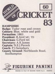 1983 Panini World Of Cricket Stickers #60 Hampshire Back