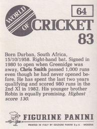 1983 Panini World Of Cricket Stickers #64 Chris Smith Back