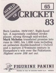 1983 Panini World Of Cricket Stickers #65 Mark Nicholas Back
