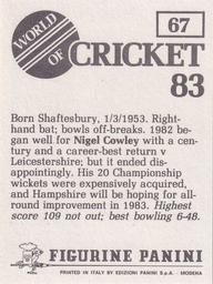 1983 Panini World Of Cricket Stickers #67 Nigel Cowley Back