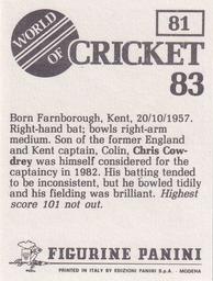 1983 Panini World Of Cricket Stickers #81 Chris Cowdrey Back