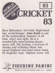 1983 Panini World Of Cricket Stickers #83 Alan Knott Back
