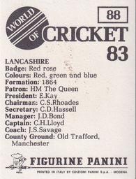 1983 Panini World Of Cricket Stickers #88 Lancashire Back
