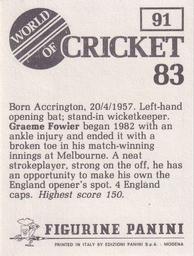 1983 Panini World Of Cricket Stickers #91 Graeme Fowler Back