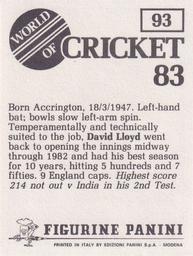 1983 Panini World Of Cricket Stickers #93 David Lloyd Back
