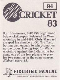 1983 Panini World Of Cricket Stickers #94 Chris Maynard Back