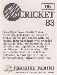 1983 Panini World Of Cricket Stickers #95 John Abrahams Back