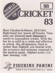1983 Panini World Of Cricket Stickers #98 Jack Simmons Back