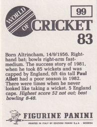 1983 Panini World Of Cricket Stickers #99 Paul Allott Back