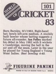 1983 Panini World Of Cricket Stickers #101 Ian Folley Back