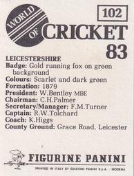 1983 Panini World Of Cricket Stickers #102 Leicestershire Back