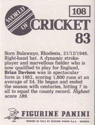 1983 Panini World Of Cricket Stickers #108 Brian Davison Back