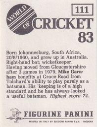 1983 Panini World Of Cricket Stickers #111 Mike Garnham Back
