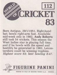 1983 Panini World Of Cricket Stickers #112 Andy Roberts Back