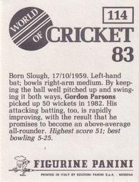 1983 Panini World Of Cricket Stickers #114 Gordon Parsons Back