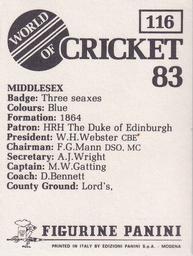 1983 Panini World Of Cricket Stickers #116 Middlesex Back