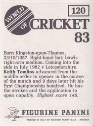 1983 Panini World Of Cricket Stickers #120 Keith Tomlins Back