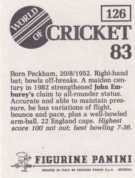1983 Panini World Of Cricket Stickers #126 John Emburey Back
