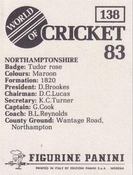 1983 Panini World Of Cricket Stickers #138 Northamptonshire Back