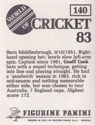 1983 Panini World Of Cricket Stickers #140 Geoff Cook Back
