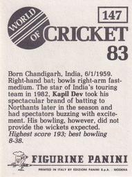 1983 Panini World Of Cricket Stickers #147 Kapil Dev Back
