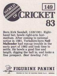 1983 Panini World Of Cricket Stickers #149 Neil Mallender Back