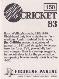 1983 Panini World Of Cricket Stickers #150 Jim Griffiths Back