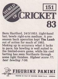 1983 Panini World Of Cricket Stickers #151 Tim Lamb Back
