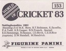 1983 Panini World Of Cricket Stickers #153 Nottinghamshire Back