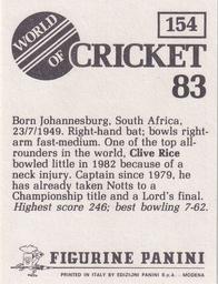 1983 Panini World Of Cricket Stickers #154 Clive Rice Back
