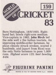 1983 Panini World Of Cricket Stickers #159 John Birch Back