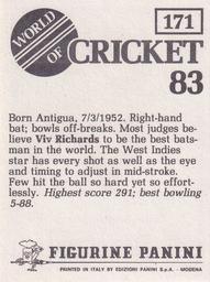1983 Panini World Of Cricket Stickers #171 Viv Richards Back