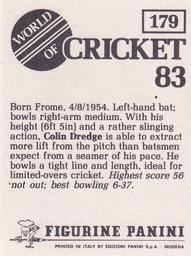 1983 Panini World Of Cricket Stickers #179 Colin Dredge Back