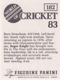 1983 Panini World Of Cricket Stickers #182 Roger Knight Back